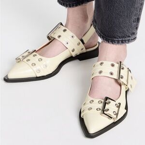 Ganni wide buckle belt ballerina flats in egret / off white